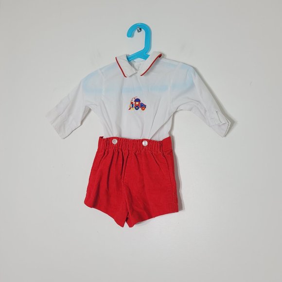 Jack Tar Three Piece Baby Outfit Corduroy Embroidered Train Red Shorts Vintage - Picture 7 of 13